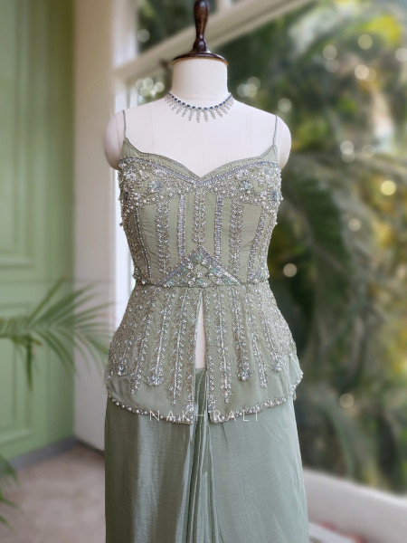 Champagne Glow Pastel Green Drape Saree with Sequin, Cut Dana & Beads Work