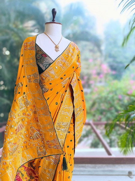 Kavira Mustard Bandhej Saree with Zari Weaved Border