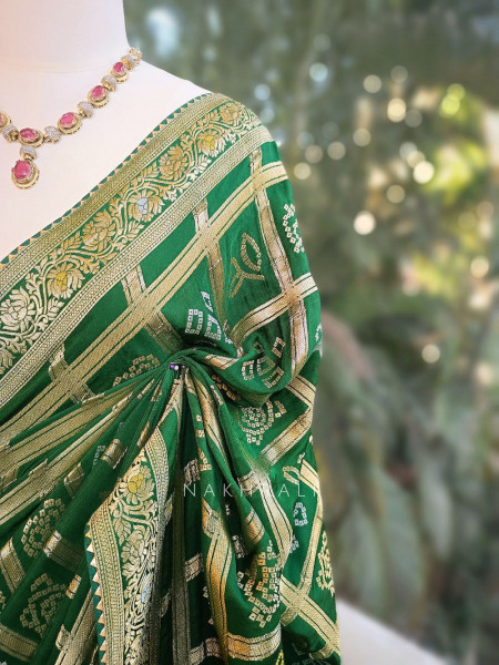 Rangriti Green Bandhani Saree with Gota Border