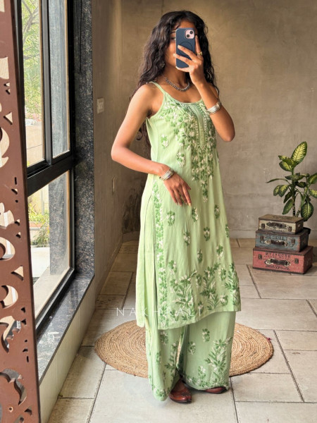 Solira Coral Pista Green  Rayon Kurta Pant Set with Chikankari Work
