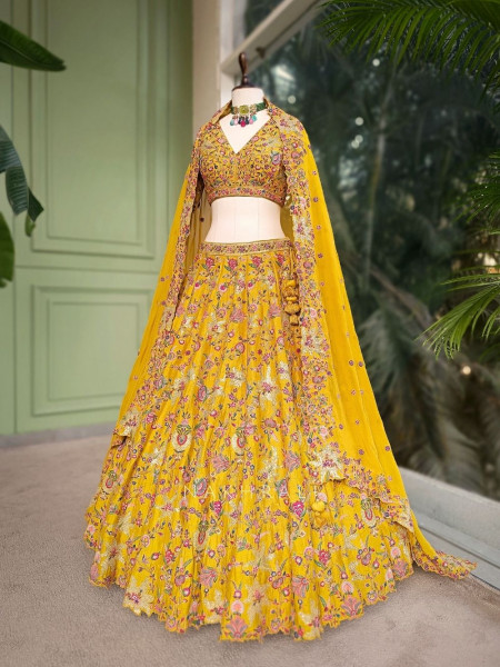 Kesar Yellow Floral Embroidered Lehenga Set