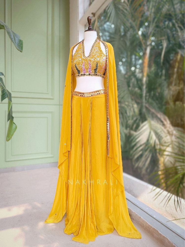 Image of Willow Yellow Halter Indo-Western Set with Cape Shrug