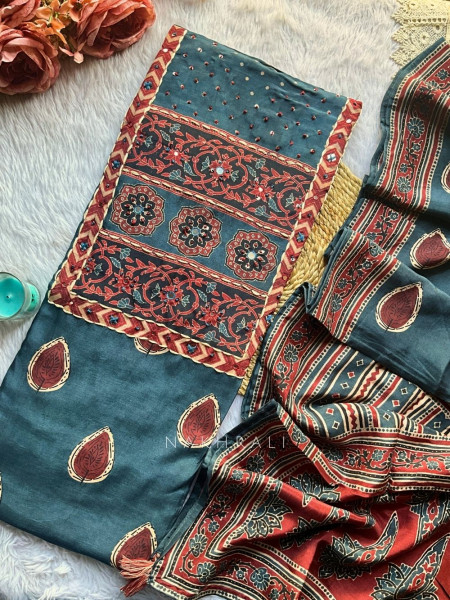 Teal Blue Ajrakh Inspired Cotton Dress Material