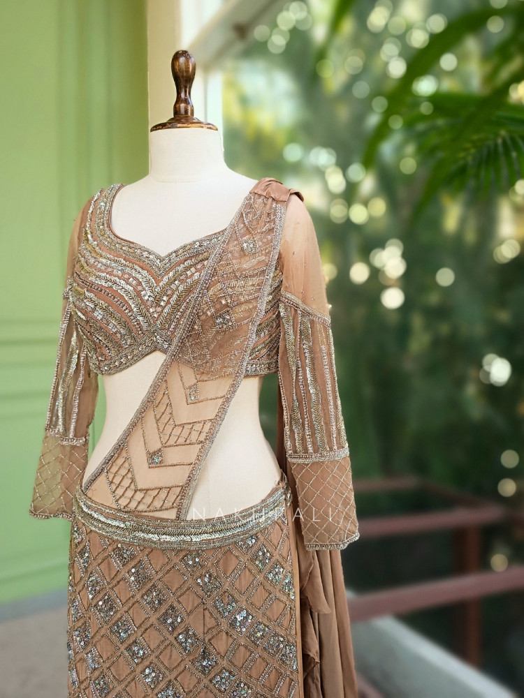 Image of Celeste Brown Indo Western Lehenga with Sequin Cut Dana Work