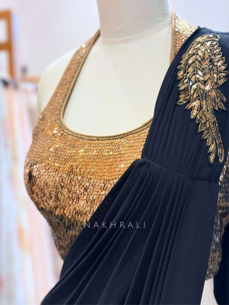Nyra Black Sequin Blouse Drape Saree Set