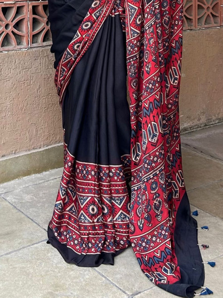 Kamali Red Modal Saree with Ajrak Border