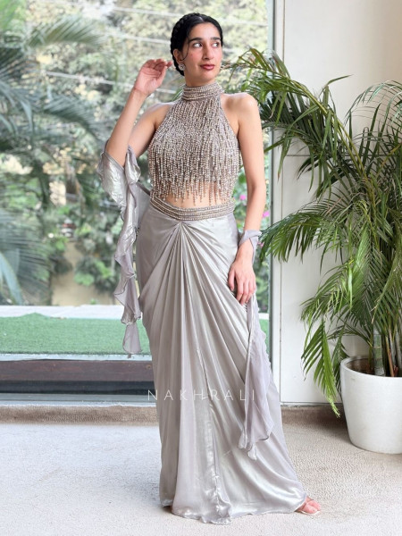 Glintora Grey Metallic Satin-Silk Indo-Western Crop Top Skirt Set