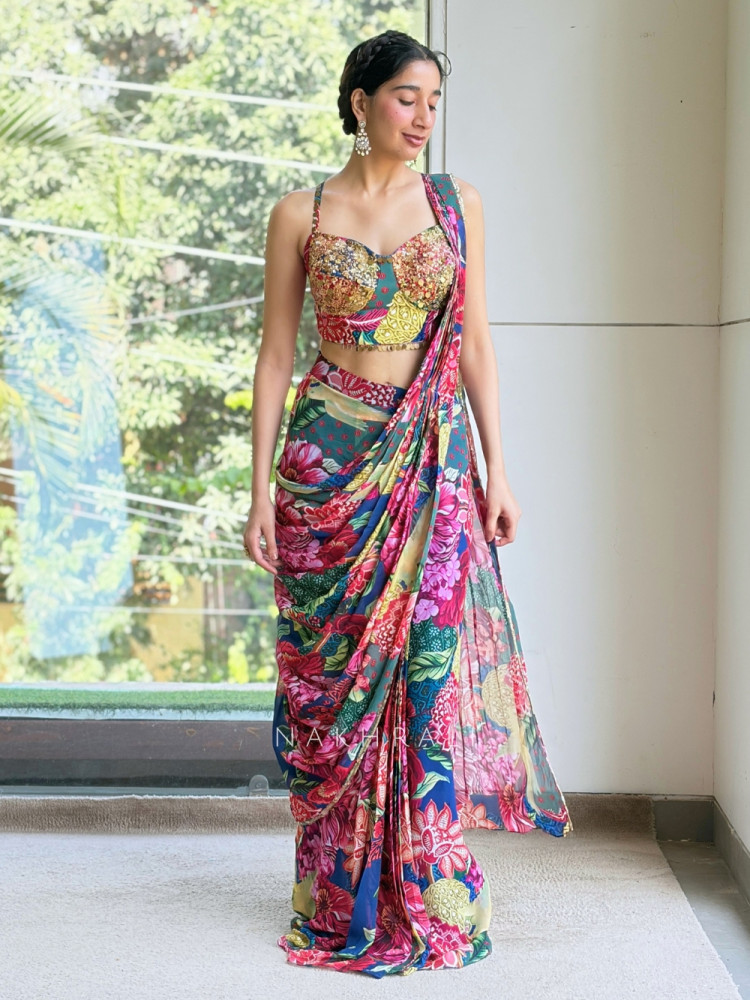 Image of Florvessa Multicolor Satin Crepe Pre-Draped Saree