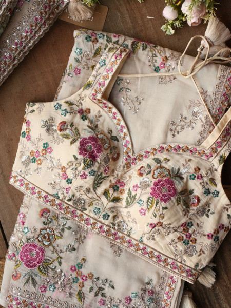 Whispers of Spring Cream Saree with Heavy Floral Thread Work and Readymade Blouse