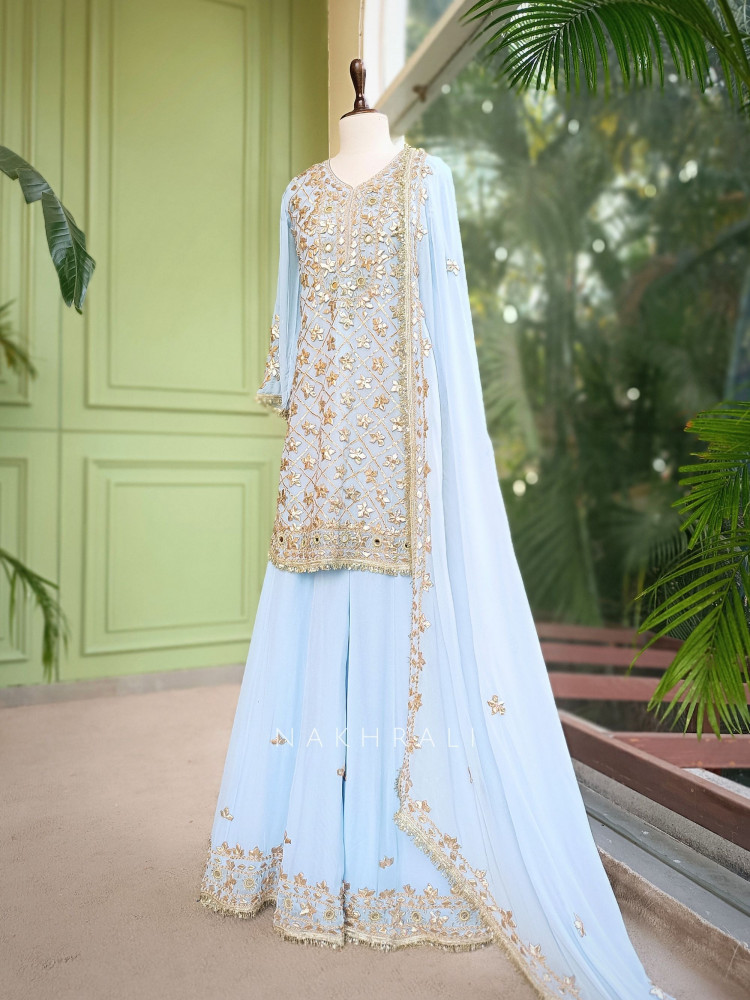 Image of Nivora Sky  Blue Suit Set with Gota Mirror Work