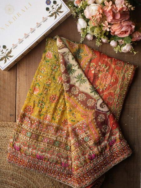 Virel Rust Designer Saree with Bead Stone Embbroidered Blouse