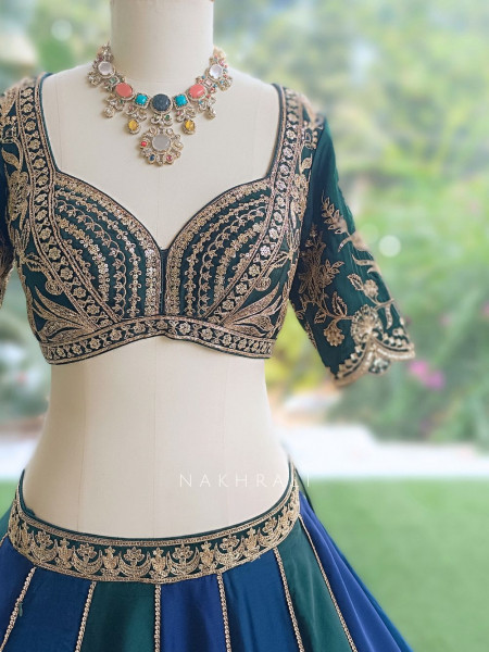 Nishika Navy Blue & Emerald Green Silk Satin Lehenga