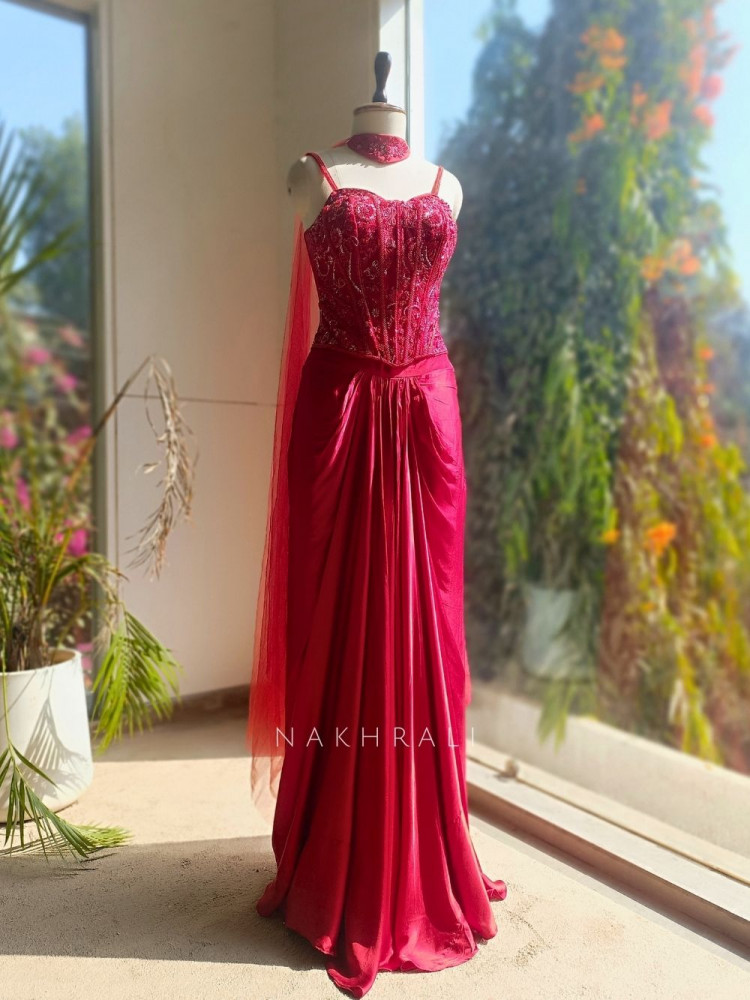 Image of Zevika Red Corset Skirt Set with Sequin Work