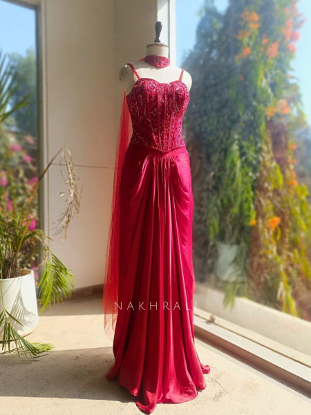 Zevika Red Corset Skirt Set with Sequin Work