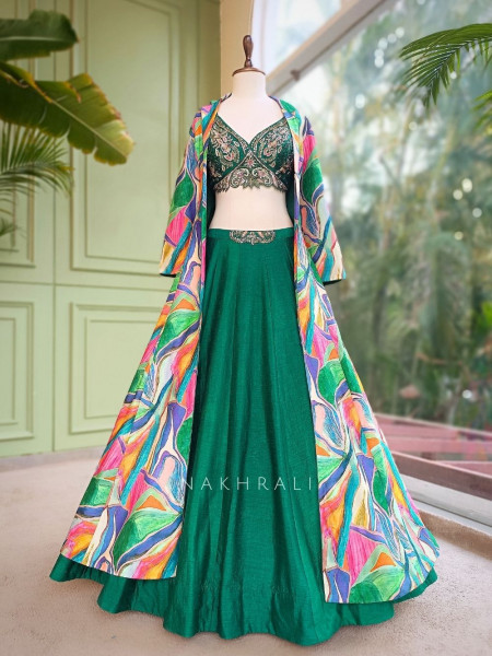 Canvas Green Lehenga Set with Abstract Print Jacket and Cut Dana Work