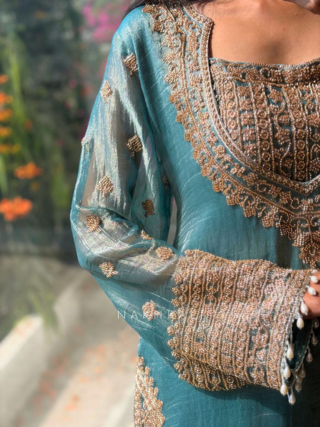 Zoya Blue Tissue Suit Set with Zari Work