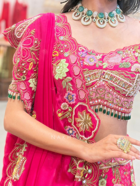 Phoolriva Magenta Lehenga Set  Floral Bead, Mirror & Thread Embellishment
