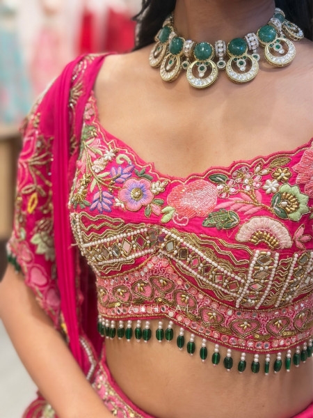 Phoolriva Magenta Lehenga Set  Floral Bead, Mirror & Thread Embellishment