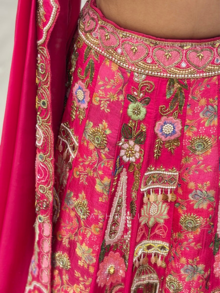 Phoolriva Magenta Lehenga Set  Floral Bead, Mirror & Thread Embellishment