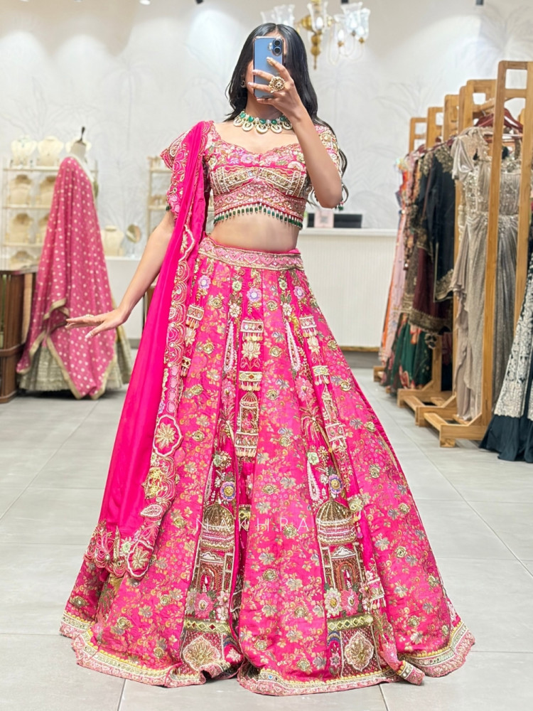 Image of Phoolriva Magenta Lehenga Set  Floral Bead, Mirror &amp; Thread Embellishment