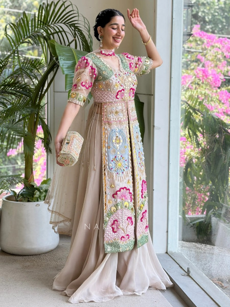 Miraya Multicolor Palazzo Suit Set Floral Bead, Mirror & Sequin Embellishment