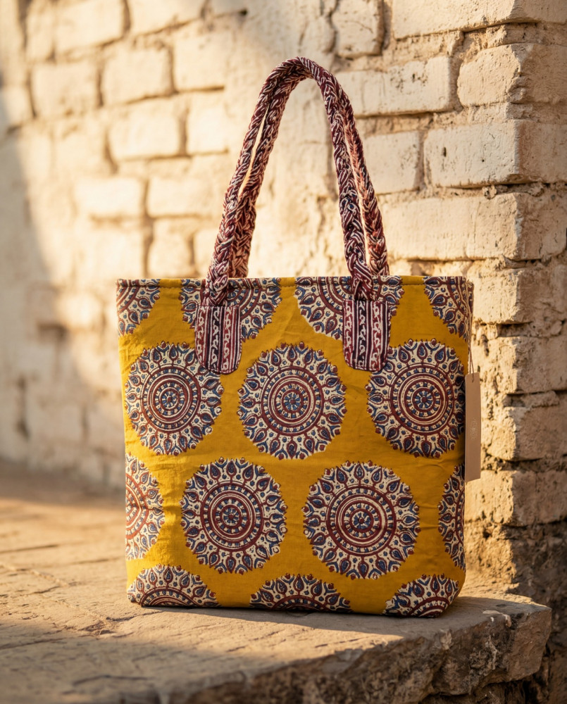 Image of Gulvaani Mustard Printed Tote Bag