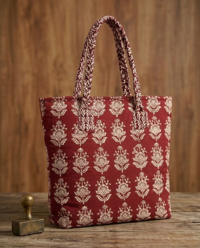 Image of Gulvaani Maroon Printed Tote Bag