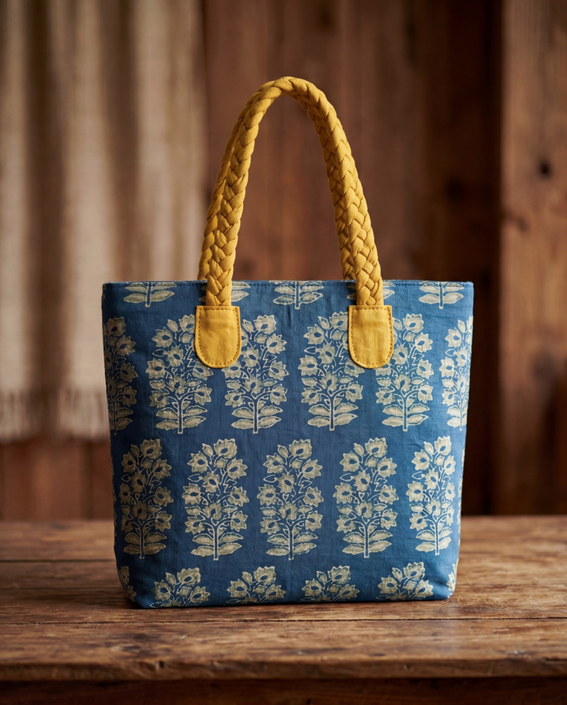 Image of Gulvaani Blue Printed Tote Bag