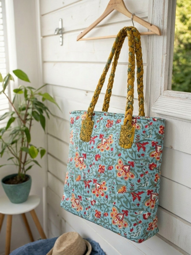 Image of Gulvaani Sky Blue Printed Tote Bag