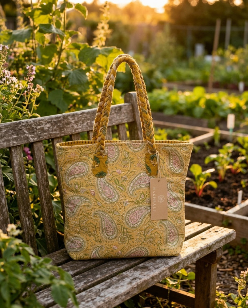 Image of Gulvaani Lemon Yellow Printed Tote Bag