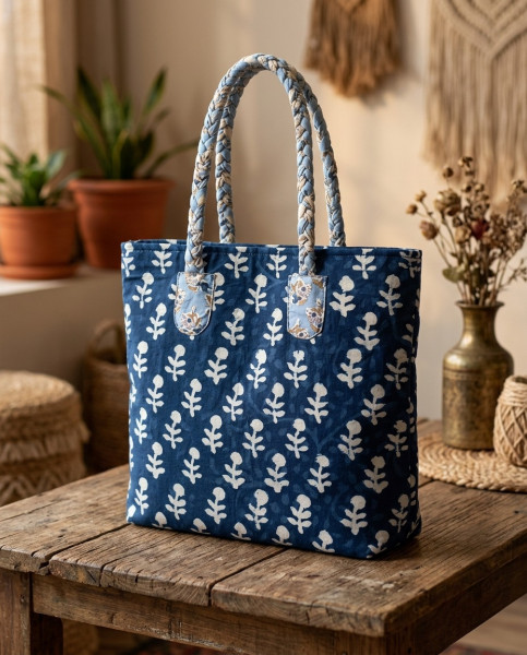 Gulvaani Navy Blue Printed Tote Bag