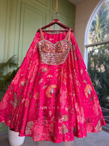 Gulab Magenta Floral Print Lehenga with Mirror Pearl Work
