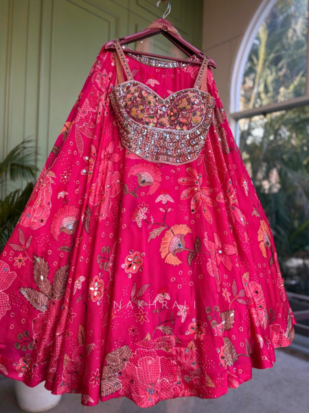 Gulab Magenta Floral Print Lehenga with Mirror Pearl Work