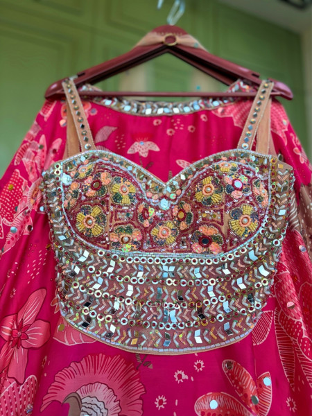 Gulab Magenta Floral Print Lehenga with Mirror Pearl Work