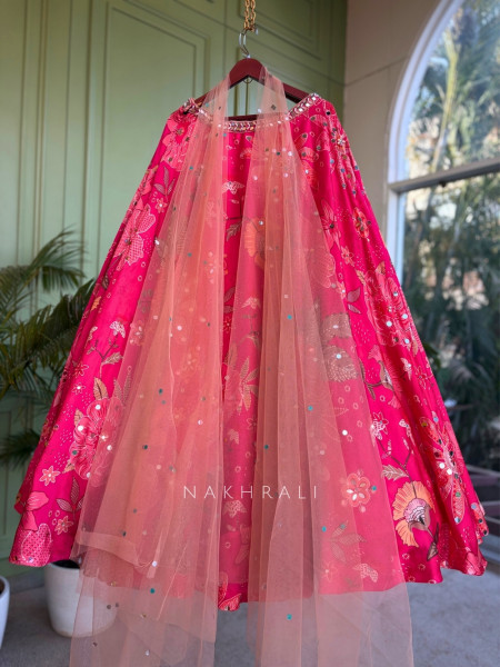 Gulab Magenta Floral Print Lehenga with Mirror Pearl Work