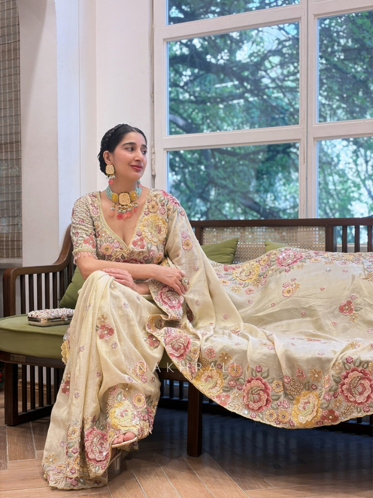 Image of Pushpam Cream Saree with Floral Thread Work and Readymade Blouse