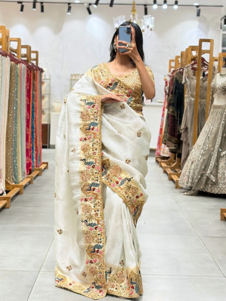 Elara Cream Embroidered Saree with Readymade Blouse