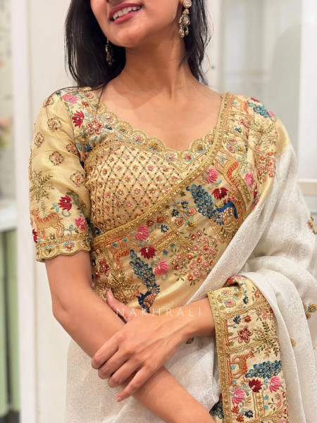 Elara Cream Embroidered Saree with Readymade Blouse