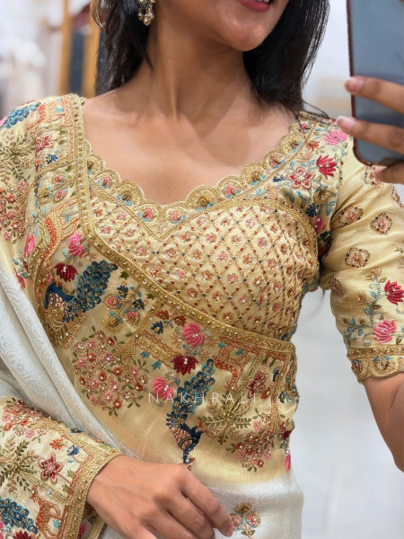 Elara Cream Embroidered Saree with Readymade Blouse