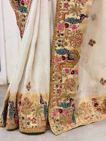 Elara Cream Embroidered Saree with Readymade Blouse