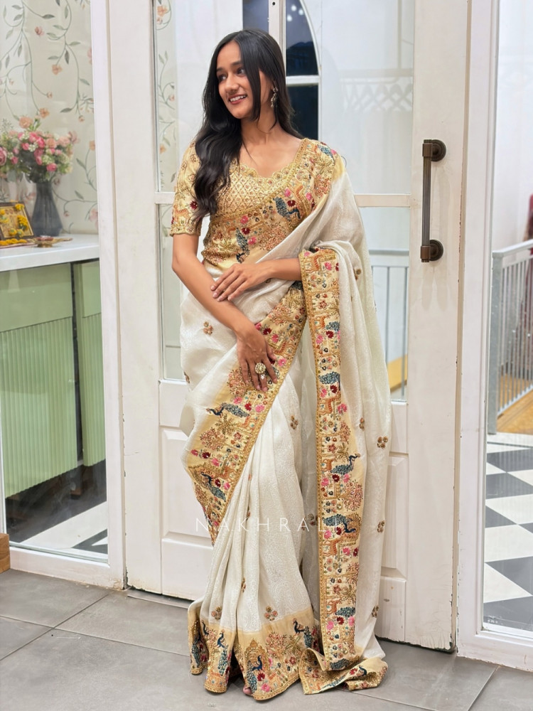 Image of Elara Cream Embroidered Saree with Readymade Blouse
