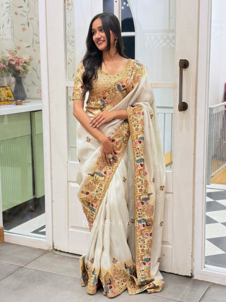 Elara Cream Embroidered Saree with Readymade Blouse