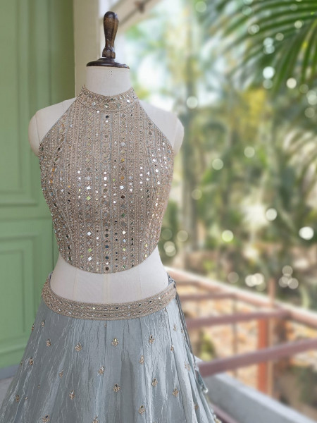 Raah-Chandani Light Grey Lehenga with Detailed Mirror Work