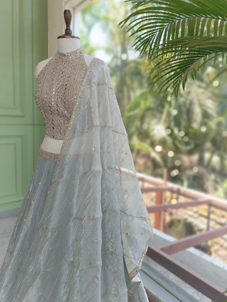 Raah-Chandani Light Grey Lehenga with Detailed Mirror Work