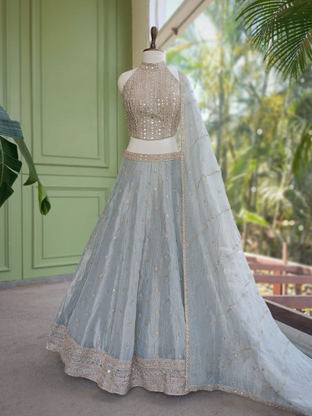 Raah-Chandani Light Grey Lehenga with Detailed Mirror Work