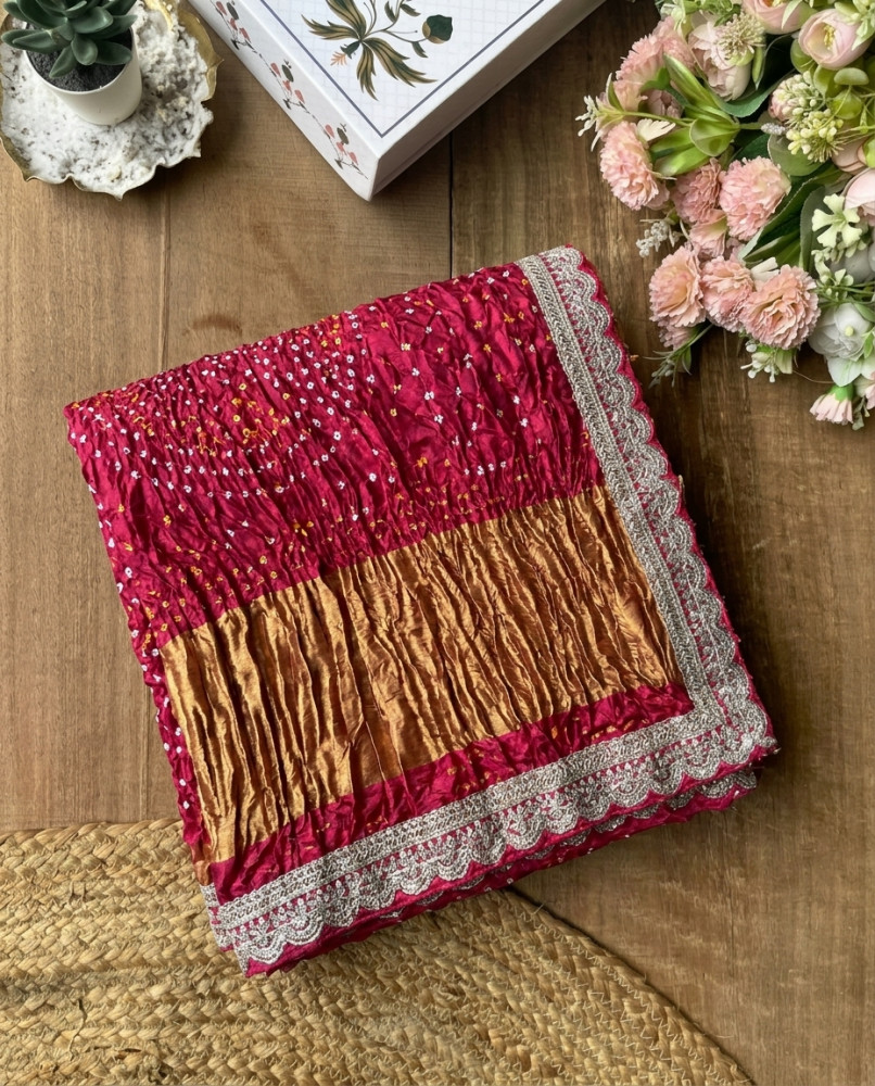 Image of Charvi Red Gharchola Bandhej Saree with Traditional Border