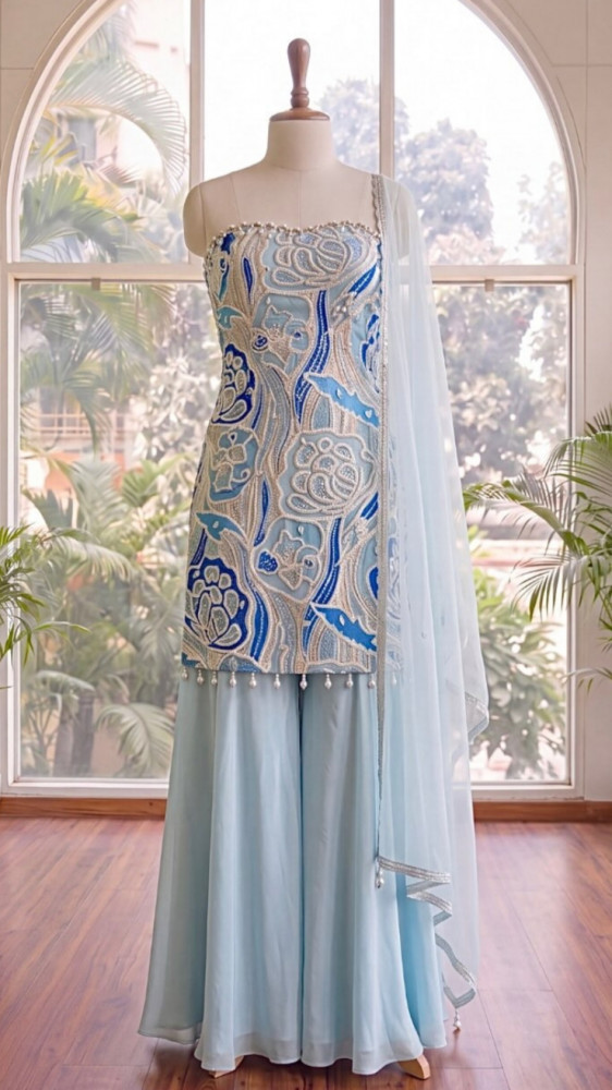 Image of Sunset Blue Palazzo Suit Set With Floral Print &amp; Embroidery