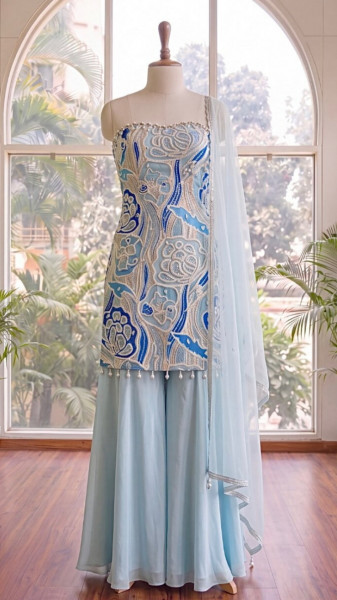 Sunset Blue Palazzo Suit Set With Floral Print & Embroidery