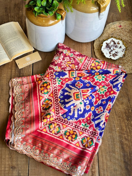 Aarini Blue Patola Print Saree with Mirror Work Border