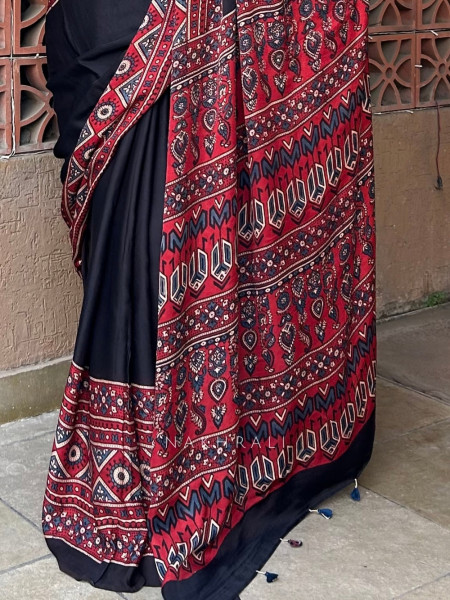 Kritika Red & Black Modal Silk Ajrakh Print Saree
